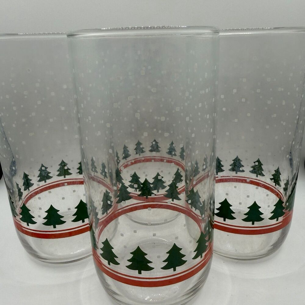Vintage Libbey Christmas Tree Drinking Glasses Set of 4 Tumblers Hazy 5.25”